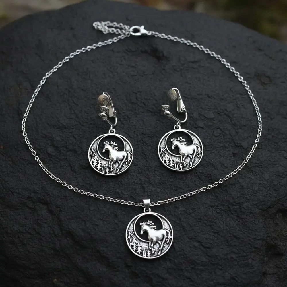 Clip on silver chain round horse pendant necklace and earring set